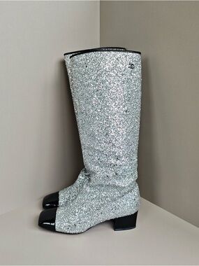 🚩steal CHANEL Silver Glitter Knee Boots with Black Patent Toe